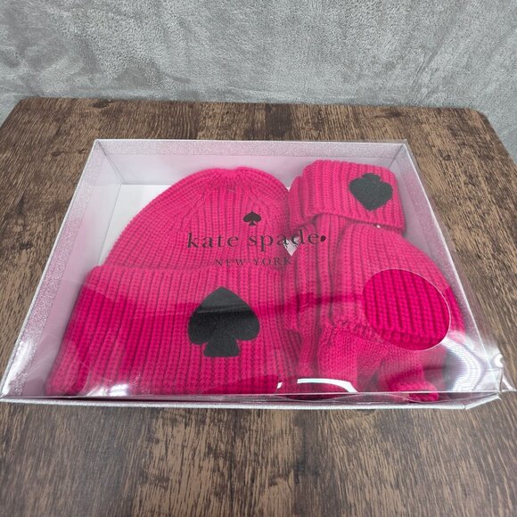 Kate Spade NY Chenille Patch Knit Box Set Beanie Hat Mittens Pink Black Gift New - Picture 4 of 11